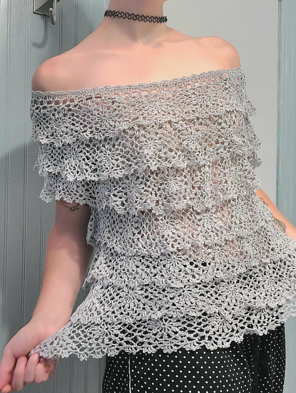 silver crochet top